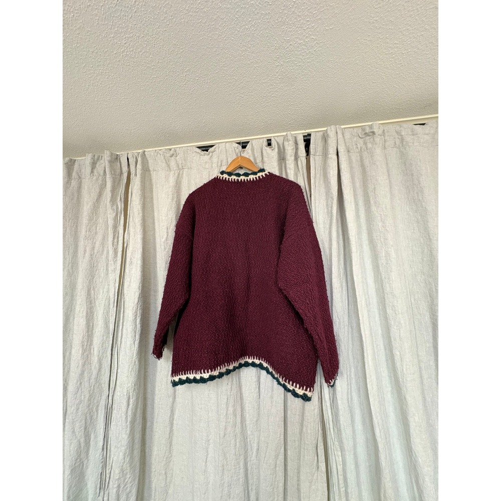 Vintage Burgundy Chunky Knit Cardigan Crochet Trim Wood Button Sweater XL - Picture 2 of 11